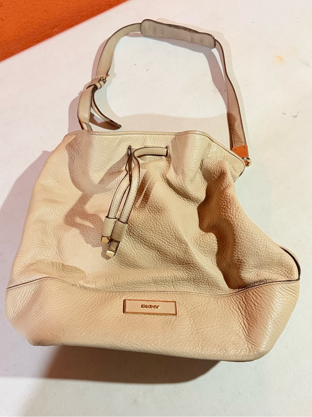 DKNY Cream Pebbled Leather Drawstring Shoulder Bag